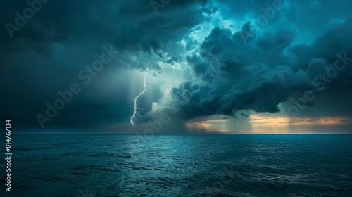 A powerful image of a dramatic thunderstorm over the ocean, capturing the raw power and beauty of nature
