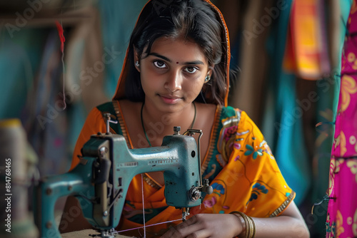 rural indian woman working on sewing machine