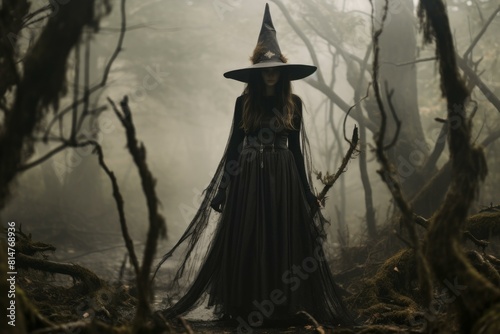 Haunting image of a witch standing in a foggy, mystical forest, invoking a sense of eerie folklore