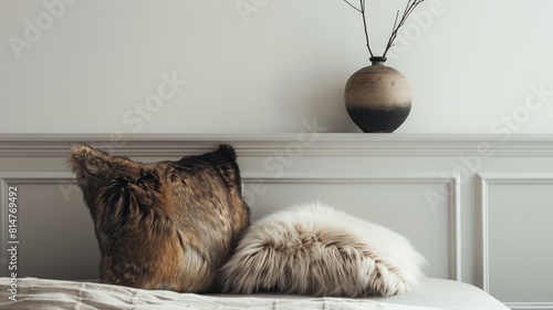 A chic bedroom with a luxurious, fur throw pillow and a minimalist, wall-mounted vase