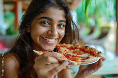 Indian woman eating pizza