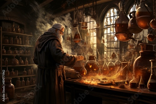 Illustration of an old alchemist conducting experiments amidst potions and smoke in a medieval lab