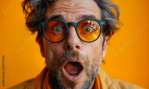 Surprised Young Man in Sunglasses with Fearful Expression Against Orange Background Evoking Shock and Excitement