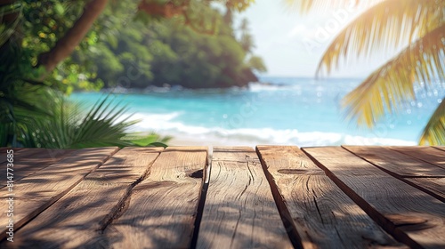 Peaceful tropical beach view from a shaded wooden platform, perfect for promoting exclusive vacation packages, luxury travel, and wellness retreats