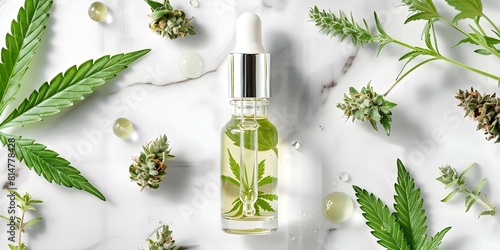 CBDinfused skincare oil in dropper bottle with cannabis leaves and buds. Concept CBD-infused Skincare, Dropper Bottle, Cannabis Leaves, Buds, Wellness Beauty