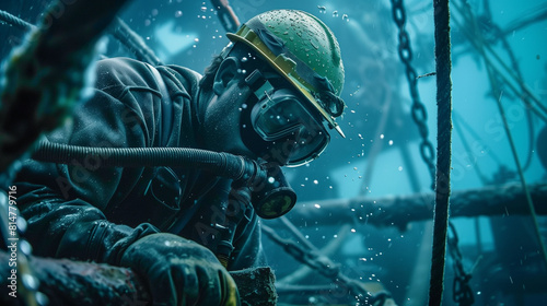 Underwater construction worker repairing a submerged structure