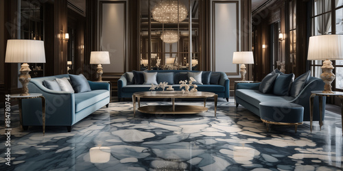 Glossy porcelain tiles with a dusty blue carpet, adding a touch of elegance to the room. 