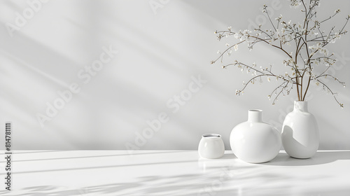 White background with minimalist details of vases and plants. Background for presentation. Space for text and content information.