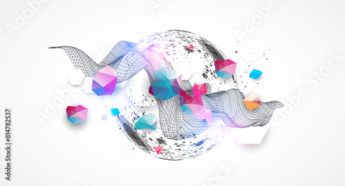 The abstract wave is made in a frame style with sphere. Template for science or technology presentation. Hand drawn vector art.