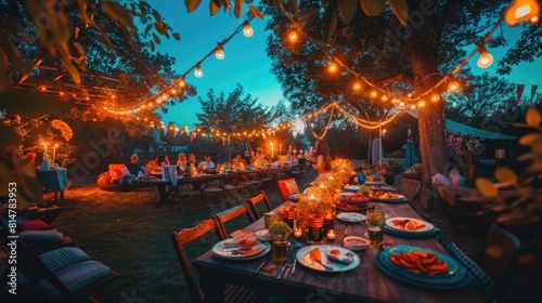 Outdoor Fourth of July dinner table with starspangled decorations, patriotic centerpieces, and a sun flare creating a festive ambiance