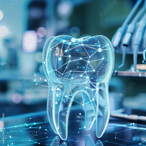 A bright digital display analyzes the molecular composition of tooth enamel, enhancing understanding of dental health, Sharpen close up hitech concept with blur background