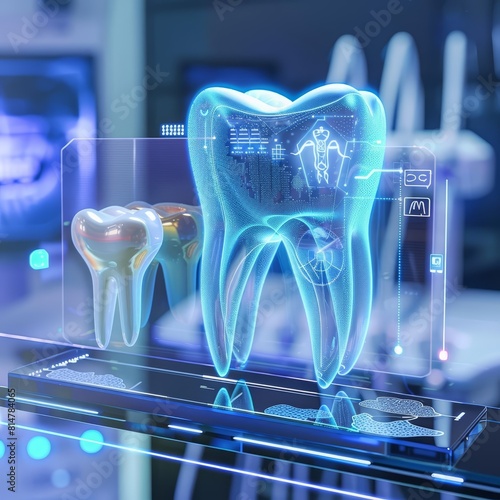 A bright digital display analyzes the molecular composition of tooth enamel, enhancing understanding of dental health, Sharpen close up hitech concept with blur background