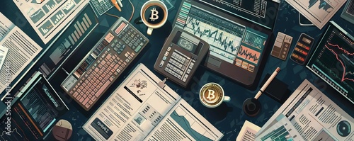 An overhead view of a trading desk littered with financial newspapers, coffee cups, and multiple screens showing cryptocurrency charts and data