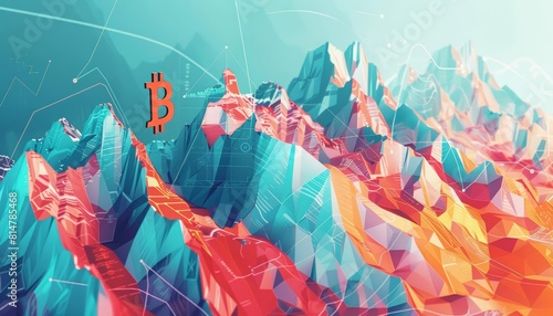 A panoramic banner captures the brisk movement of a bitcoin symbol along a financial graph against a backdrop of soaring digital mountains