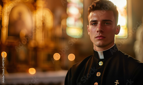 portrait of a young local priest dressed in his church with blurred background