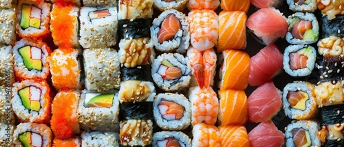 A vibrant display of sushi rolls and sashimi invites the eye to a world of delicate flavors and meticulous presentation