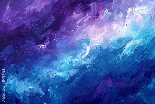 Abstract oil paint texture of complementary blue and purple hues, resembling rough ocean waves on a dynamic, artistic background