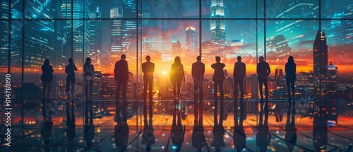 Back view group of business people executive standing in modern big city looking and dreaming of future business success
