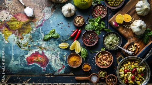 A map of the world covered with a variety of food items, showcasing global cuisine diversity.