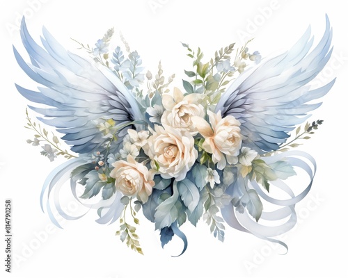  A symbol for a condolence card featuring a pair of delicate angel wings surrounding a bouquet of lilies and forget-me-not flowers.