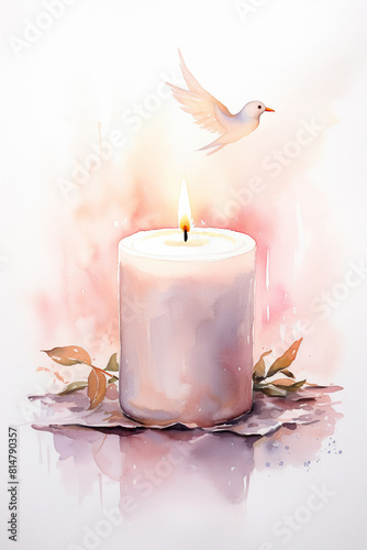 A candle with dove symbol for a condolence .