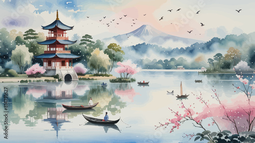 a painting of a lake with a pagoda in the background