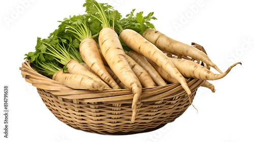 A basket of parsnips with a transparent background.