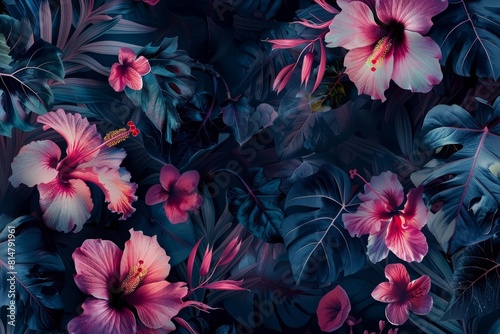 Luxurious digital art of dark, exotic floral patterns on a glamorous night background, designed for highfashion wallpaper