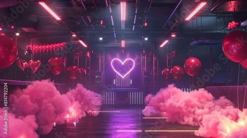 modern nightclub with valentine decoration, red and pink balloons, pink cloudy smoke, neon, dancefloor, luxury soundsystem, abstract, dark floor, background image