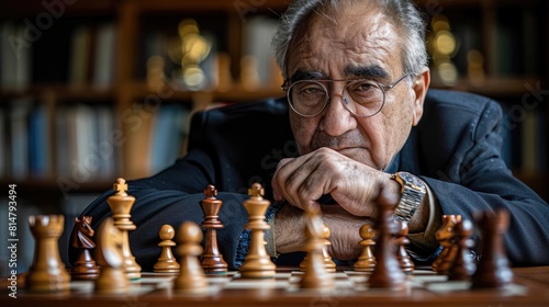 Elderly businessman concentrating on a chess game, symbolizing strategic thinking 
