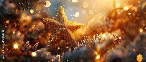 A star sits proudly on top of the tree, its golden rays reaching towards the sky 8K , high-resolution, ultra HD,up32K HD