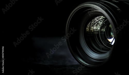 Close-Up of Camera Lens with Reflection on Black Background 