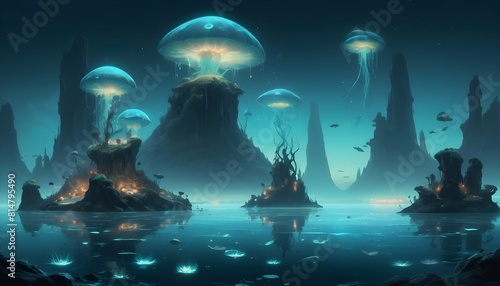A surreal seascape with floating islands and biolu