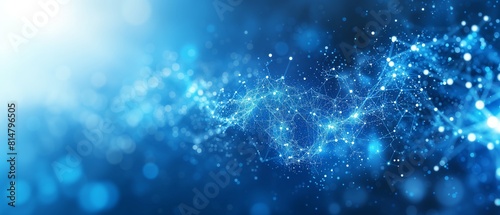 Abstrakter blauer Technologiehintergrund mit einem Cyber-Netzwerkraster und verbundenen Partikeln. Künstliche Neuronen, globale Datenverbindungen