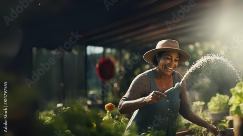 portrait of an afro american person: lady in her 60s wateringher plants in the garden, smiling and enjoying her retiring