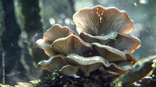 A photo of a cluster of mushrooms in the forest. The mushrooms are large and white, with a smooth, shiny cap. The gills on the underside of the mushrooms are a light pink color. The mushrooms are grow