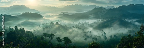 Mountain with mist landscape, Pai, Thailand realistic nature and landscape