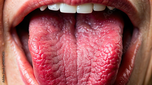Extreme close-up of a tongue with visible taste receptors
