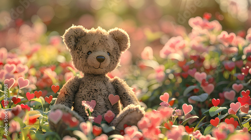 A brown teddy bear sitting on the grass holding flowers, isolated with a white background, soft and fluffy, symbolizing love and childhood