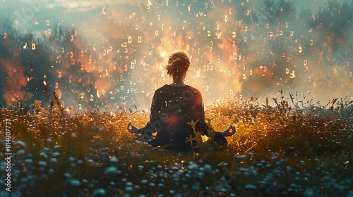 A person meditating in nature, surrounded by floating musical notes, illustrating clairaudience, the ability to hear messages from the spiritual realm.