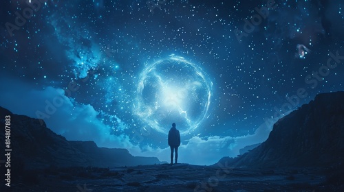 A person standing under a starry sky, with a glowing shield around them, representing spiritual protection.