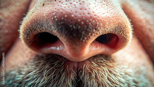 Extreme closeup of a nose with the focus on the nasal hairs, essential for filtering particles from the air.