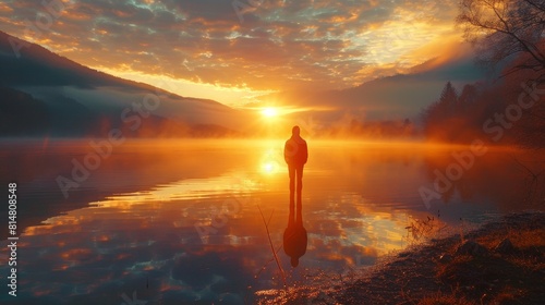 A tranquil scene of a person standing by a lake at sunrise, their reflection merging with the water, symbolizing the interconnectedness of the soul with nature.