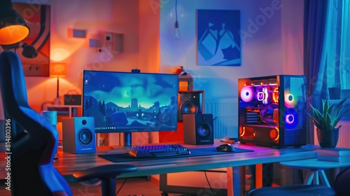 RGB Gaming room with high end gaming pc setuip in RGB lightning