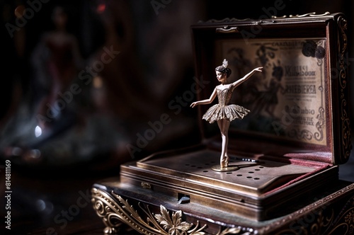 Antique music box with a bronze ballerina statue, AI-generated.