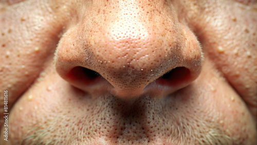 Detailed image of a nose with visible pores and tiny hairs, illustrating its natural features