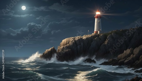 A lighthouse standing tall on a rocky promontory upscaled_2