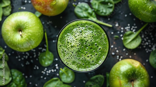 Organic green smoothie with spinach and apple, closeup, dewy fresh look