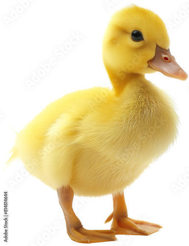 A cute yellow duckling standing upright, showing its fluffy feathers and small webbed feet, with a curious and innocent expression. 