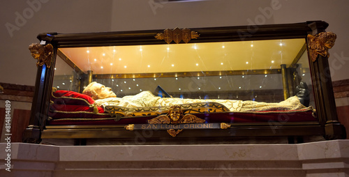 interior of the santuario nostra signora della guardia Don Orione's tomb His body is displayed in a glass case and is a destination for pilgrimages Tortona Italy